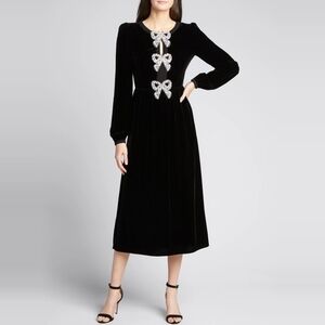 SALONI Camille Bow-Embellished Black Velvet Midi Dressss Size 6